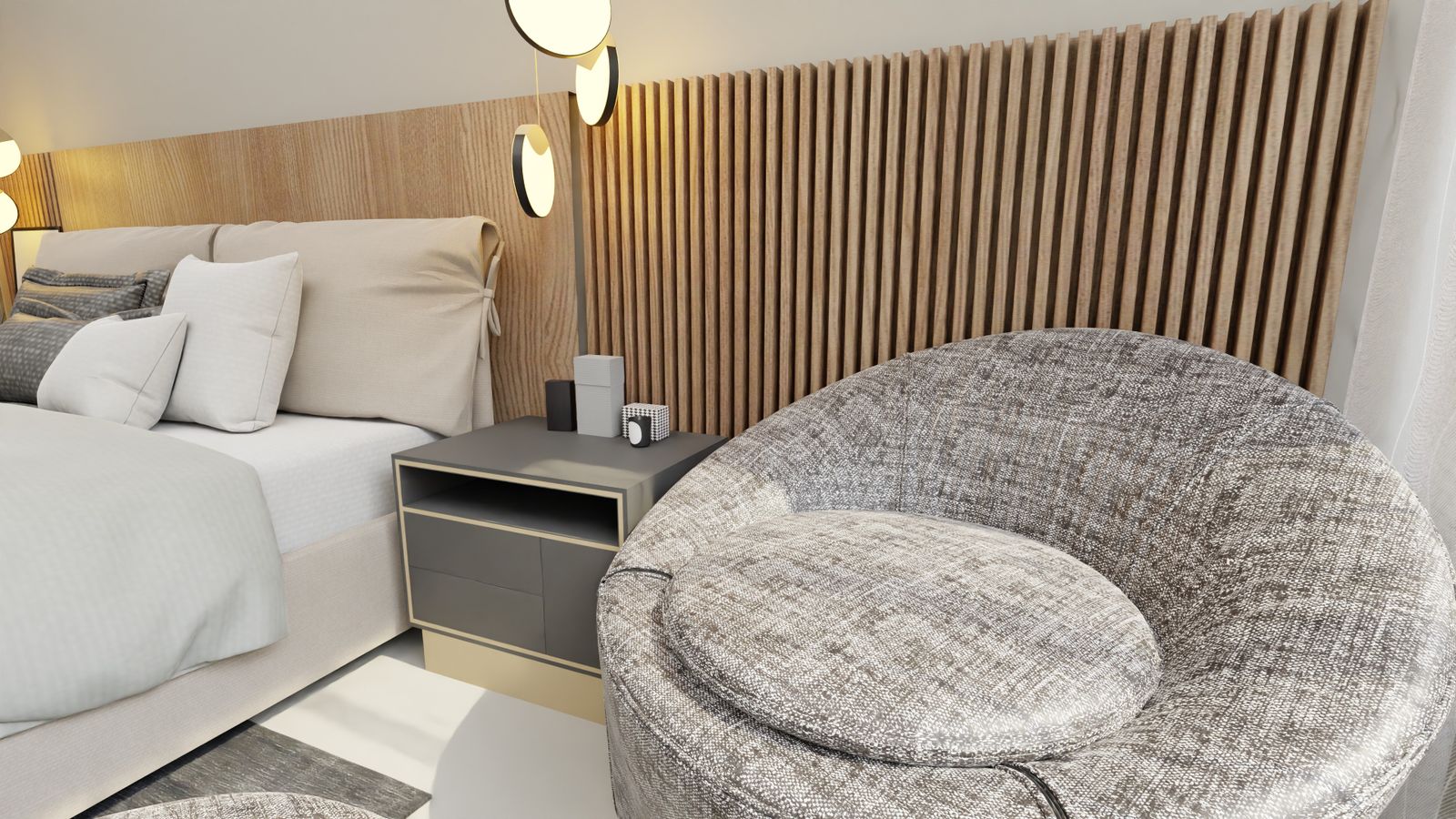 Gemütliches Schlafzimmer mit Holz-Kopfteil